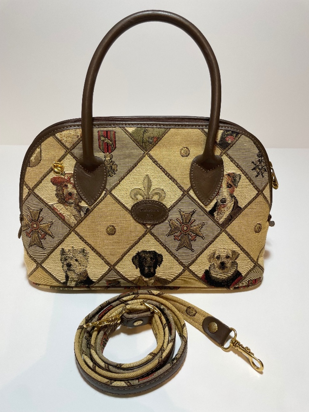Tapestry Dog Motif Dome Satchel - Brown/Beige